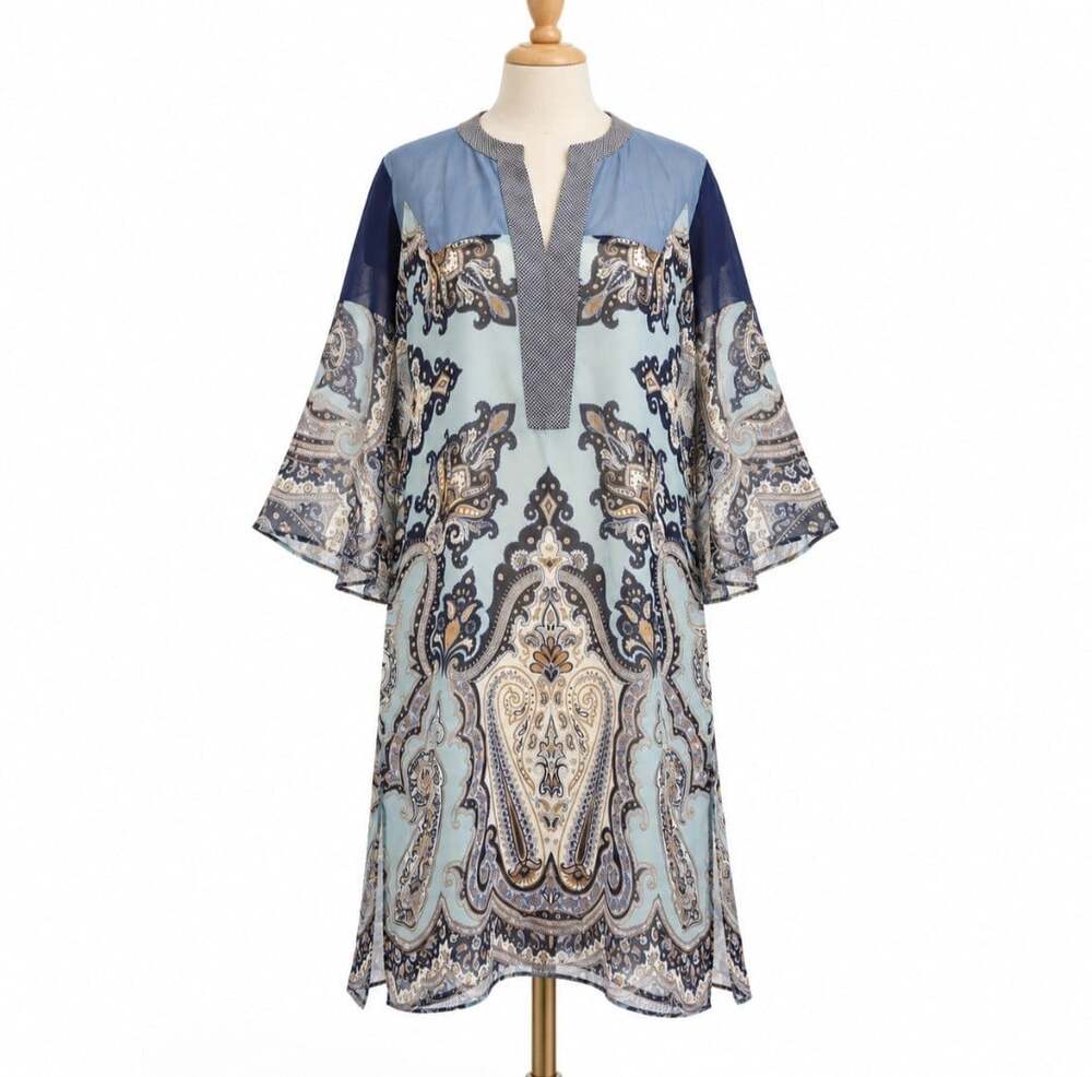 ETRO Italy Silk Paisley Kaftan Tunic Dress 46 Sheer Blue Boho Resort